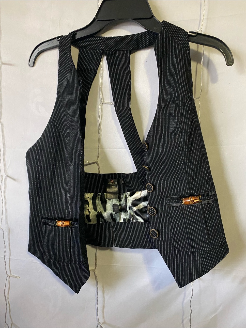 Michel Studio Black Pinstripe Vest with Brass Buttons